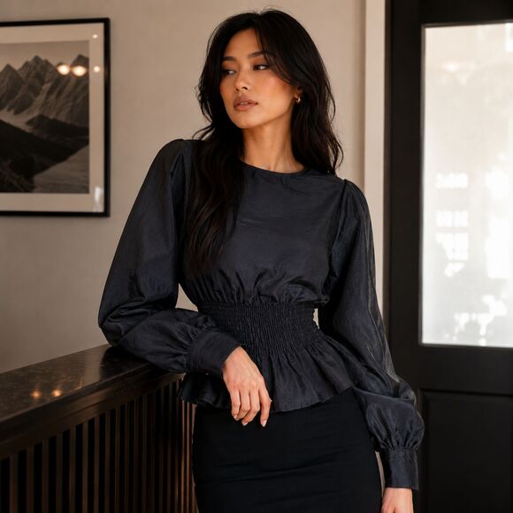 Topshop Tops - Top shop Peplum Blouse W/ 2 Black Smocked Puff Sleeve 13O59TBLK LN/NWOT